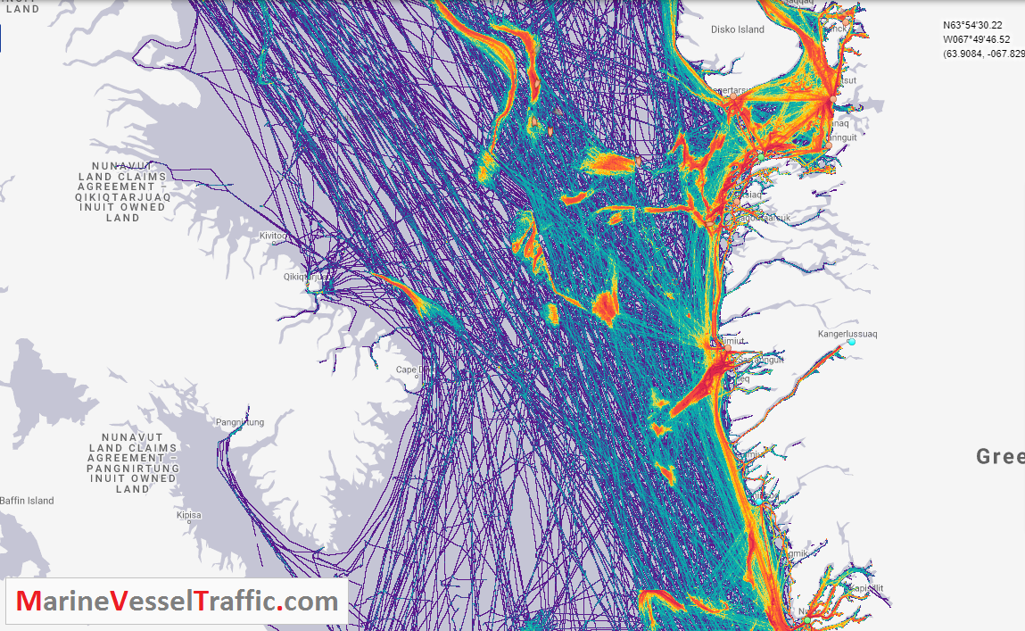 Live Marine Traffic, Density Map and Current Position of ships in DAVIS STRAIT